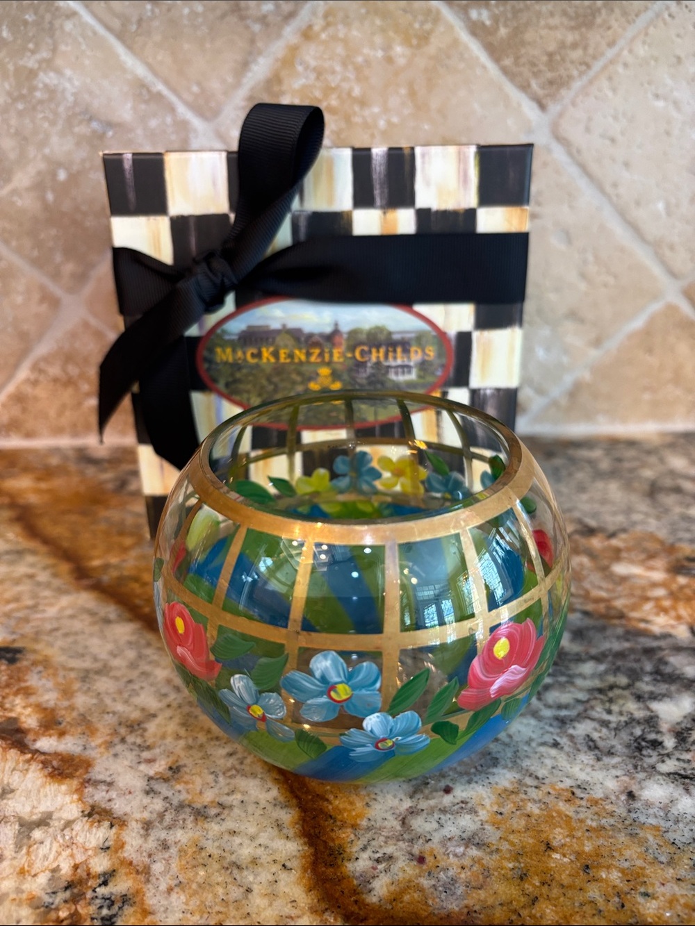 Vintage MacKenzie-Childs glass globe vase/votive candle holder-Rare pattern